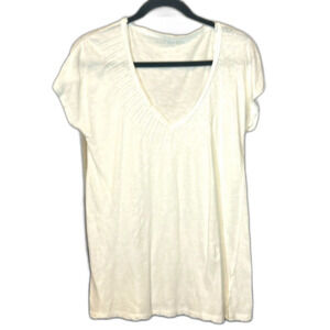 !Calvin Klein White, Vneck, w/Beaded Collar Detail, S Slv, Tee L